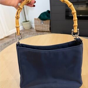 Lord & Taylor Elegant Navy Blue Handbag with Bamboo Handle